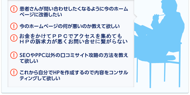 患者さんが問い合わせしたくなるように今のホームページに改善したい...etc...