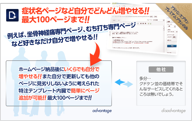 症状名ページなど自分でどんどん増やせる！最大100ページまで！
