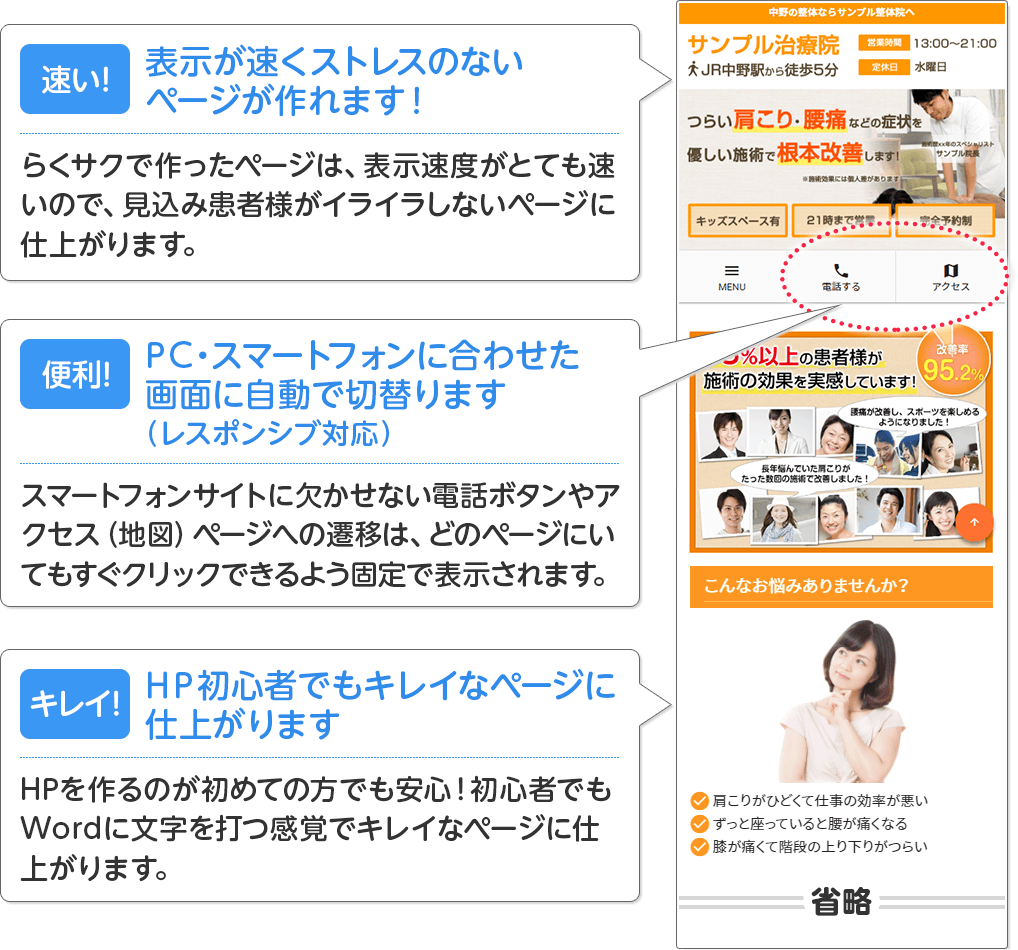 表示が速くストレスのないページがつくれる。レスポンシブ対応。初心者でもキレイなページに仕上がります